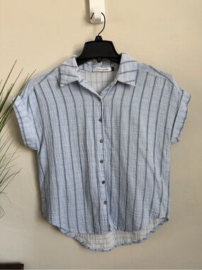 French Quarter Blue Stripe Gauze Button Front Blouse Small